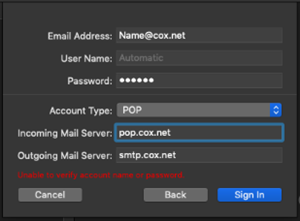 Mac Mail cox information for pop3