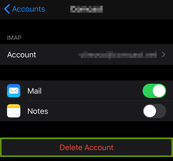 Email account highlighting the delete account button.