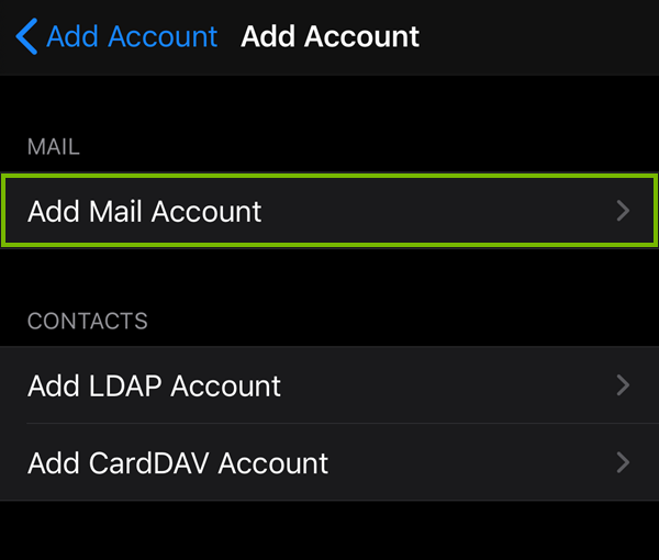 Add account screen highlighting the add mail account option.
