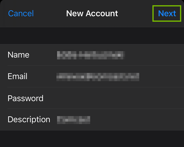 Add account filled in form highlighting the next button.