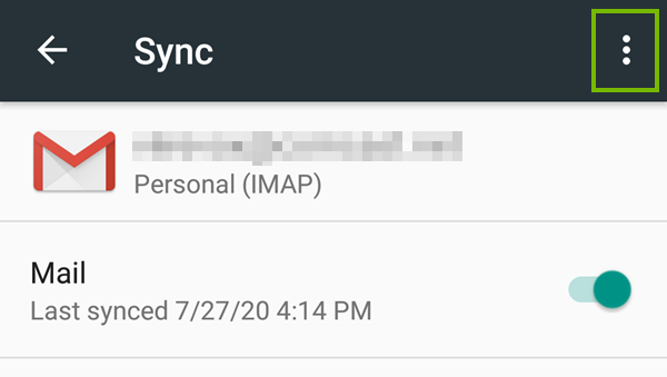 Mail account settings screen highlighting the 3 dots button.