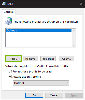 Mail profiles window highlighting the add button.