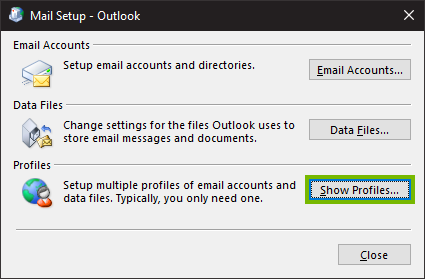 Mail setup window highlighting the show profiles button.