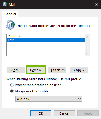 Mail profiles list highlighting the remove button.