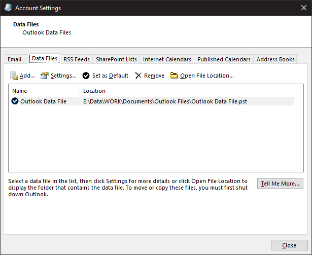 Outlook data files tab.