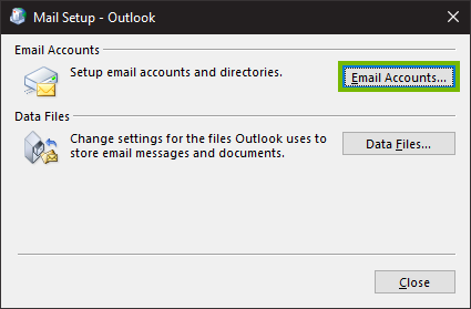 Properties window highlighting the email accounts button.