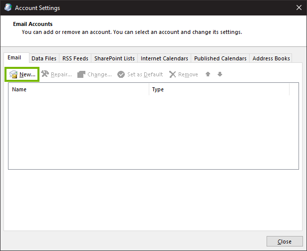 Outlook email accounts window highlighting the new button.