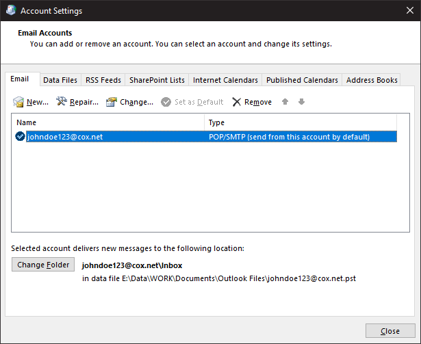 Outlook email accounts tab.