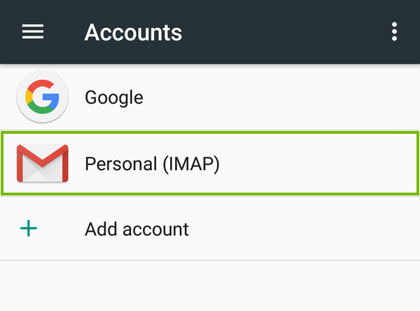 Accounts list highlighting the personal IMAP account.