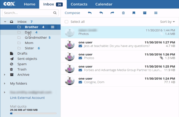 Cox webmail interface.