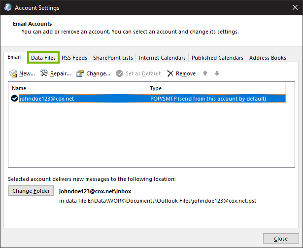 Outlook account settings window highlighting the data files tab.