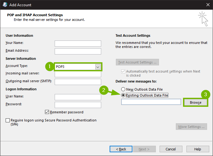Add new mail account window.