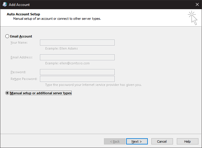 New mail account setup window.