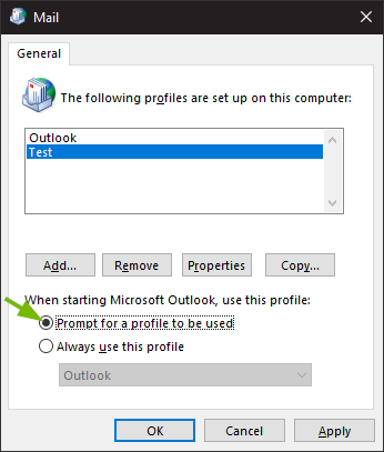 Mail profile list window highlighting the prompt for profile button.