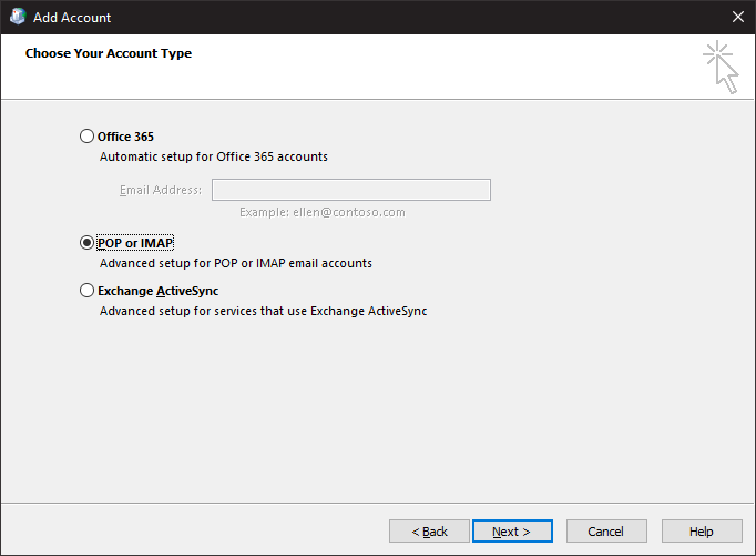 New account setup highlighting the pop or imap button.