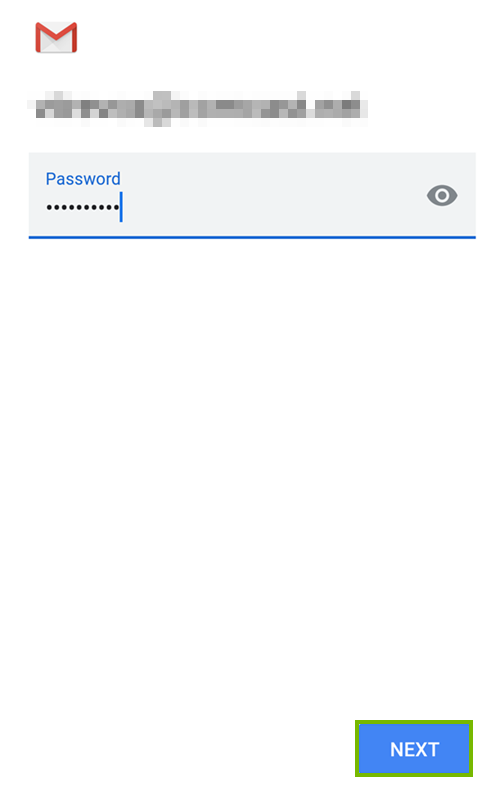 Password field highlighting the next button.
