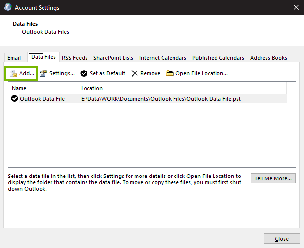 Outlook data files tab highlighting the add button.