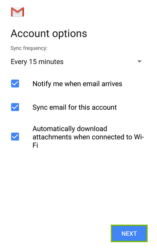 Additional account settings screen highlighting the next button.