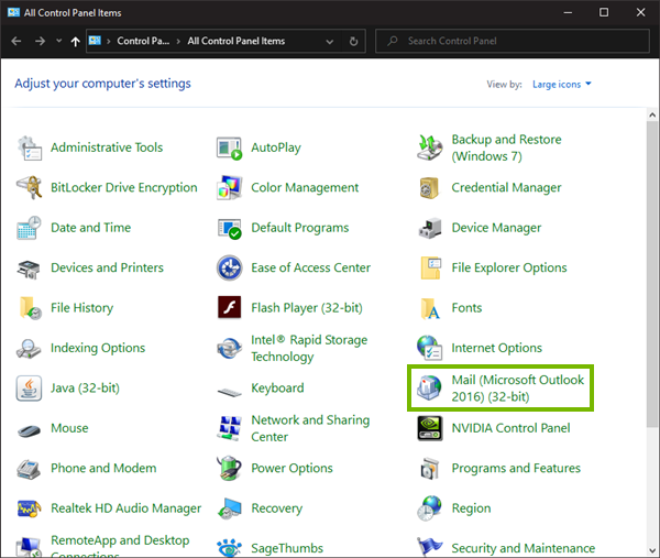 Control panel highlighting the Mail icon.