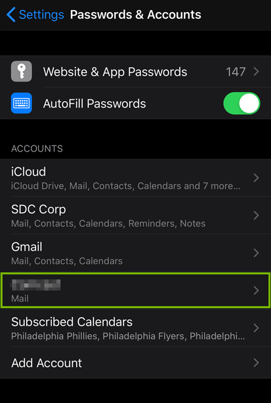 Passwords & accounts screen highlighting an account.