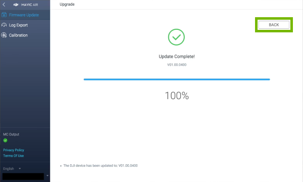 Back button highlighted in DJI Assistant 2.