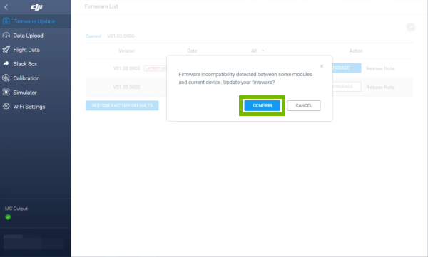 Confirm button highlighted on firmware incompatibility prompt.