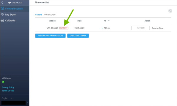 Current version pointed out in Firmware List.