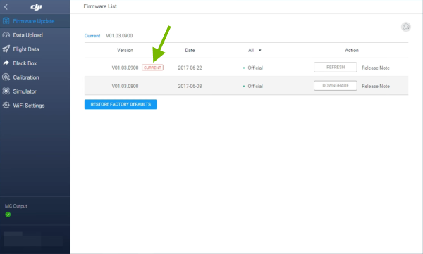Current version pointed out in Firmware List.