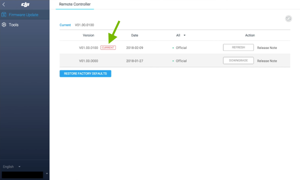 Current version pointed out in Firmware List.