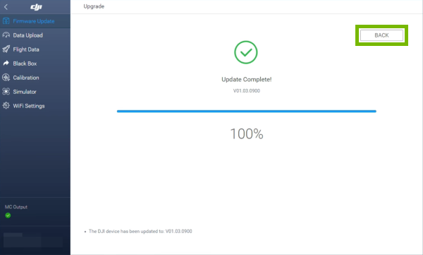 Back button highlighted in DJI Assistant 2.