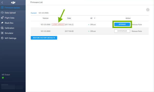 Latest Version pointed out and Upgrade button highlighted in Firmware List of DJI Assistant 2.