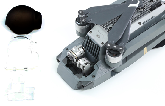 Gimbal rubber and plastic covers, gimbal clamp removed from drone.
