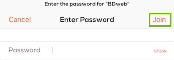 Wi-Fi password box with join highlighted