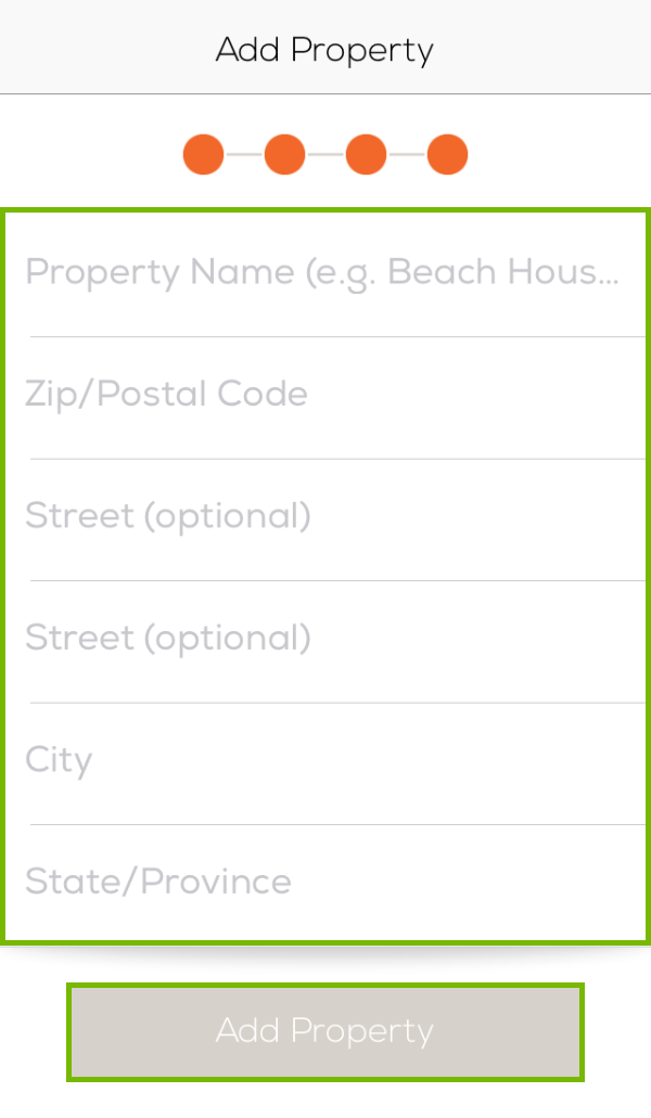 Property input page with input fields and Add Property button highlighted