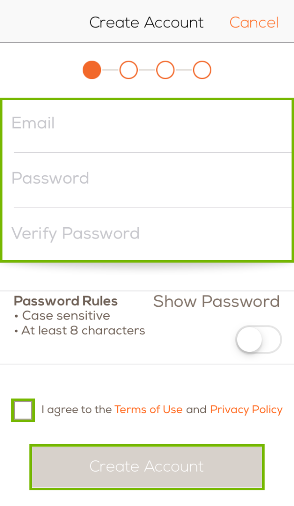 email, password, agree check box, and the Create account button is highlighted