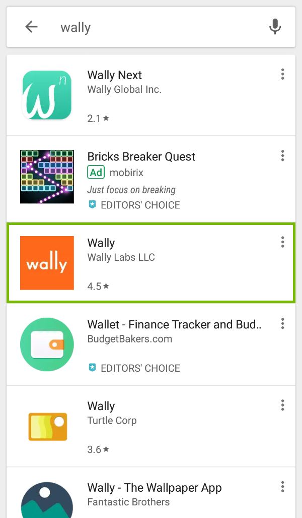 Wally app highlighted
