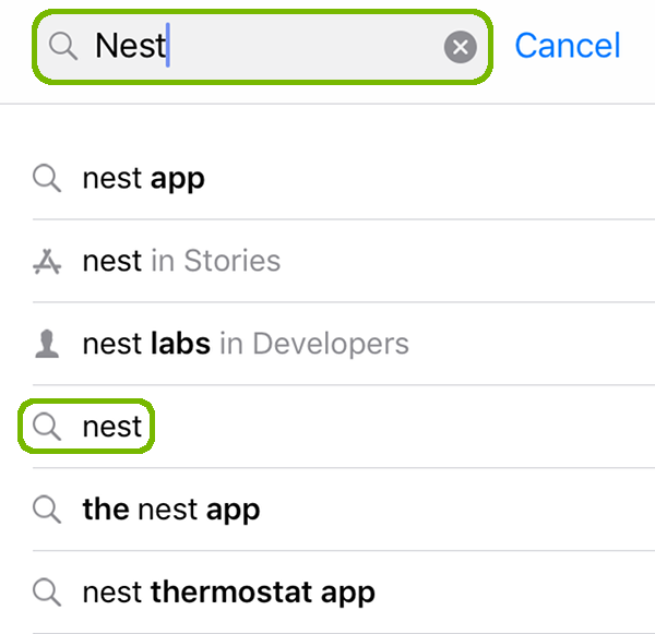 Search for Nest with Nest highlighted.