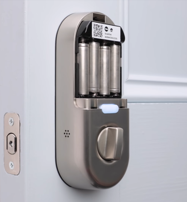 Batteries installed. Lock turns on and plays the Nest greeting.