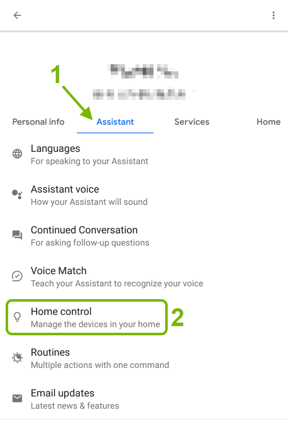 Assistant tab pointed out and Home Control option highlighted in Google Assistant settings.