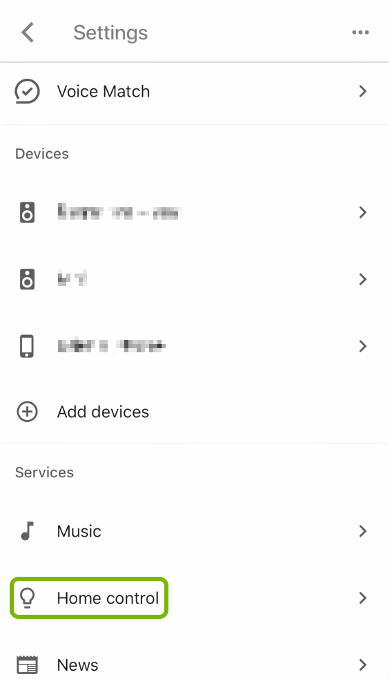 Home Control highlighted in Google Assistant settings.
