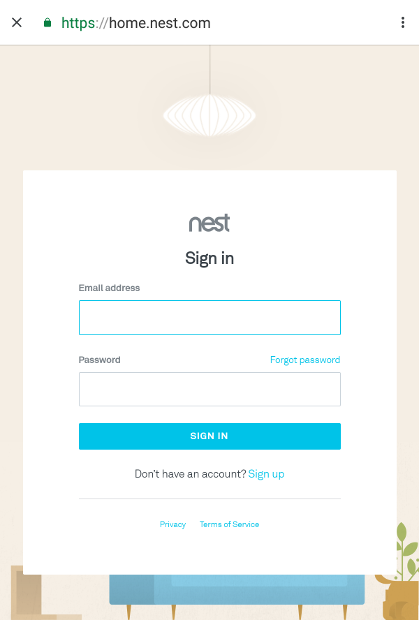 Nest login prompt in Google Home app.
