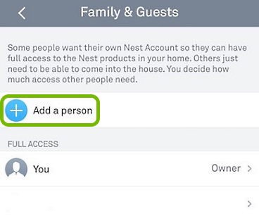 Add a person option highlighted in Nest app.