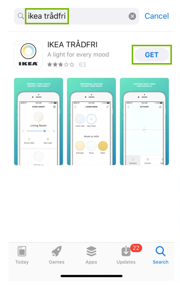 Keyword highlighted in search field of App Store and Get button highlighted for found app.