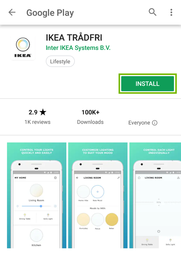 Install button highlighted in Play Store for found app.