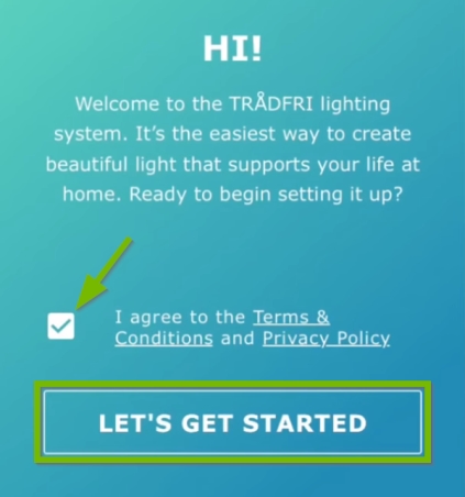 Checkmark pointed out and Let's Get Started button highlighted in IKEA Home Smart app setup.