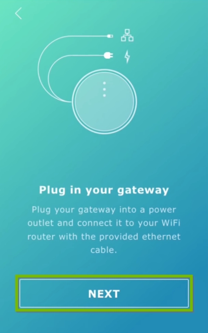 Next button highlighted on gateway plug in screen of IKEA Home Smart app setup.