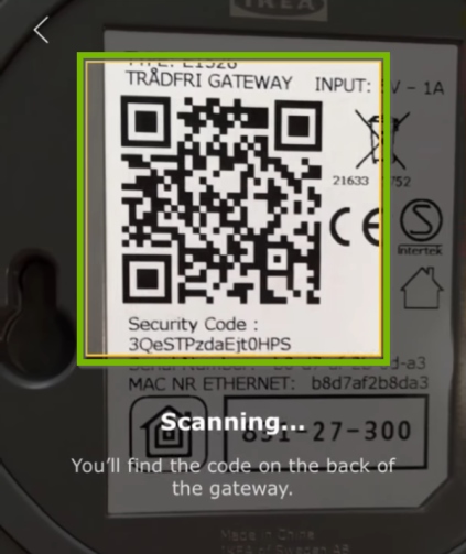 Gateway code scanning area highlighted in IKEA Home Smart app.