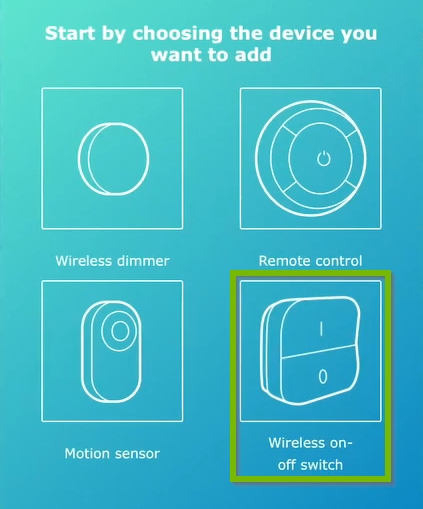 Wireless on/off switch highlighted on device selection screen of IKEA Home Smart app.