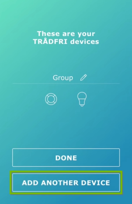 Added devices showing in IKEA Home Smart app with Add another device button highlighted.