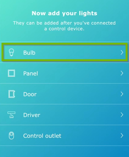 Bulb option highlighted in device selection list of IKEA Home Smart app.
